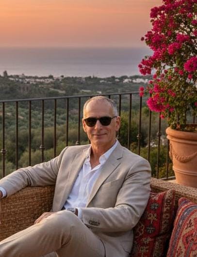Jonathan on a terrace at sunset